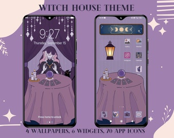 Witch House theme set, hand drawn app icons, ios and android set, wallpaper, widgets, kawaii, purple, pink, witch, icons, phone theme