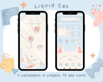 Liquid Cat theme set, hand drawn app icons, ios and android set, wallpaper, widgets, kawaii, blue, white, cat, icons, phone theme