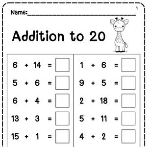 Op de afbeelding: Zwart-wit werkblad getiteld "Optellen tot 20" met wiskundeproblemen. Een cartoon giraffe staat in de rechterbovenhoek. Het werkblad heeft ruimte voor de naam van de leerling en bevat optelproblemen.