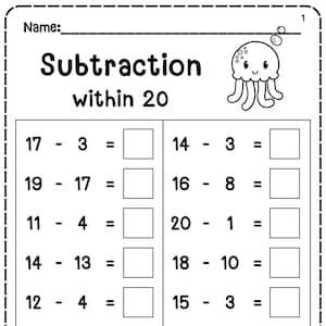 May include: Black and white worksheet with subtraction problems within 20. The worksheet includes math problems with blank spaces for answers and a cartoon jellyfish illustration. The title "Subtraction within 20" is at the top.
