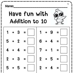 20 Printable Addition to 10 Fill in the Blanks Worksheets (Numbers 1-10) for Kindergarten-1st Grade Math. Addition Worksheets