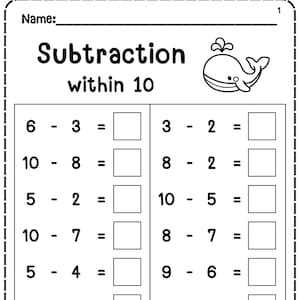 Puede incluir: Hoja de trabajo en blanco y negro con el título "Subtraction within 10" y una ilustración de ballena. La hoja de trabajo incluye problemas de resta con espacios en blanco para las respuestas. Hay un espacio para el nombre del estudiante.