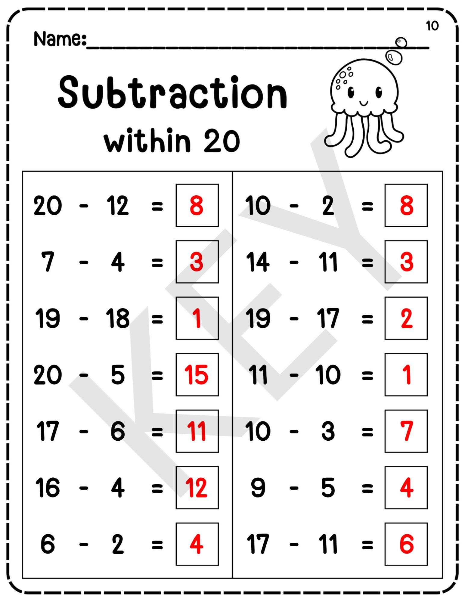 20 Printable Subtraction to 20 Fill in the Blanks Worksheets (numbers 1 ...