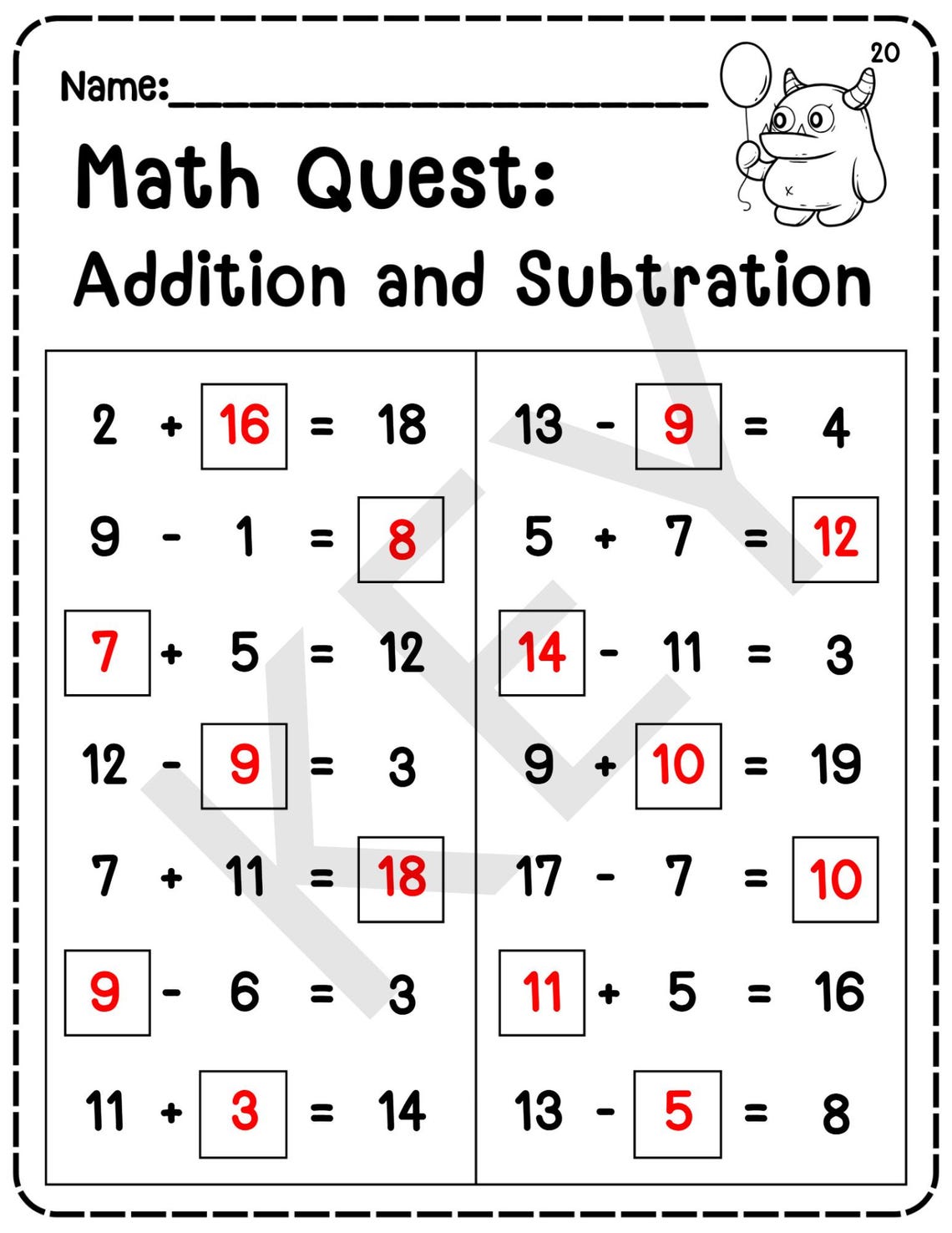 20 Printable Find the Missing Numbers in Addition and Subtraction ...