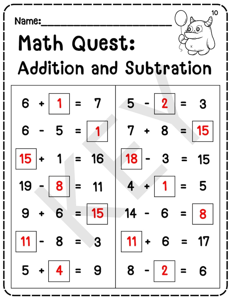 20 Printable Find the Missing Numbers in Addition and Subtraction ...