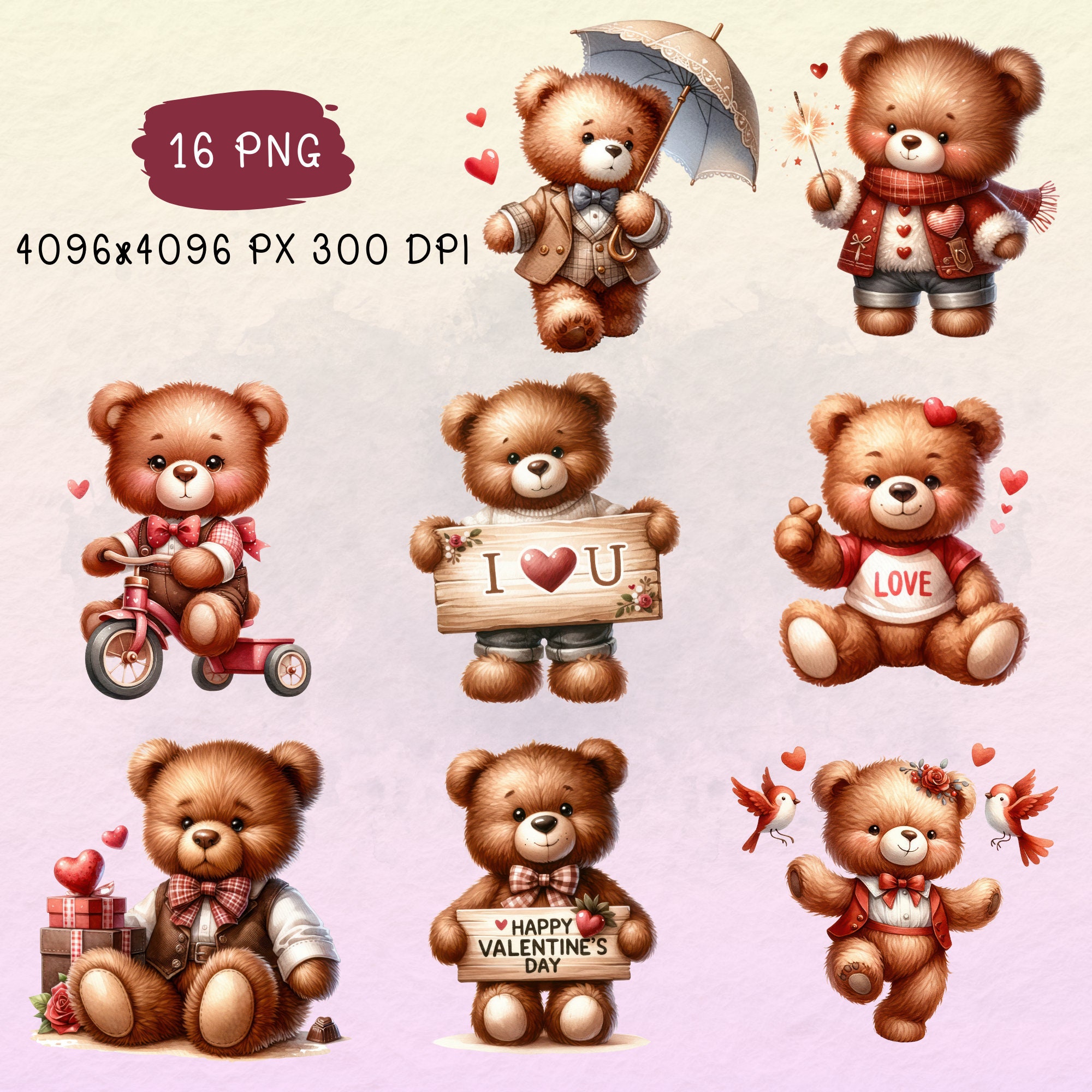 Watercolor Valentines Teddy Bear Clipart, 16 PNG Valentines Day Clipart ...