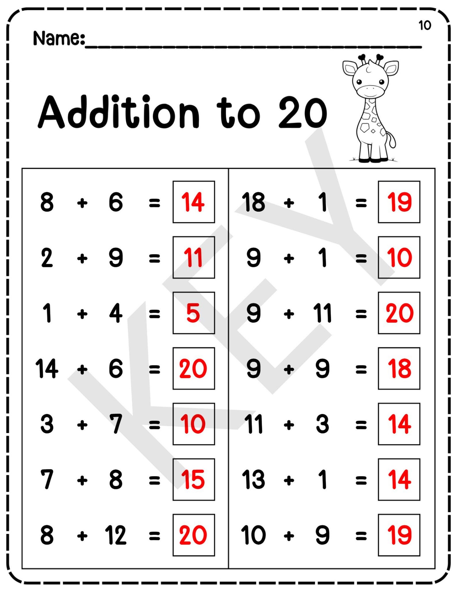 20 Printable Addition to 20 Fill in the Blanks Worksheets (numbers 1–20 ...