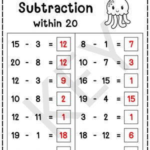 20 Printable Subtraction to 20 Fill in the Blanks Worksheets (numbers 1 ...