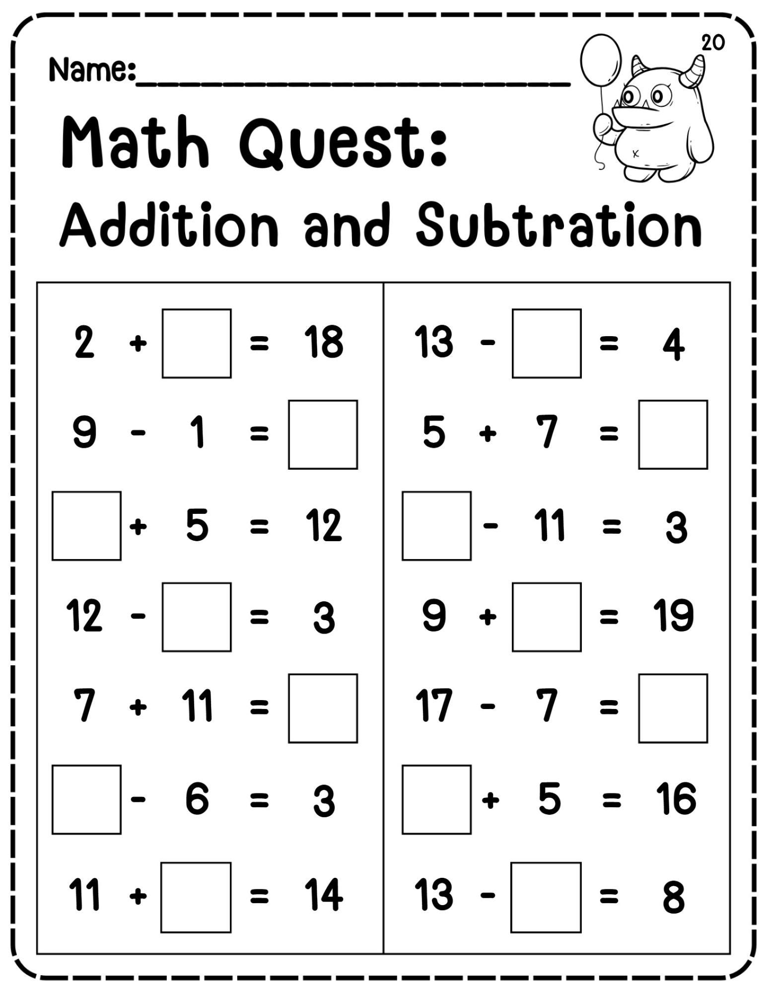 20 Printable Find the Missing Numbers in Addition and Subtraction ...