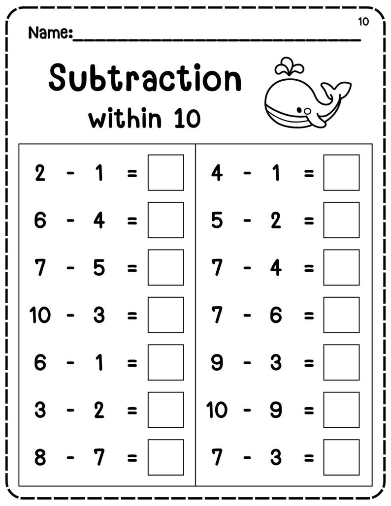 20 Printable Subtraction to 10 Fill in the Blanks Worksheets (numbers 1 ...