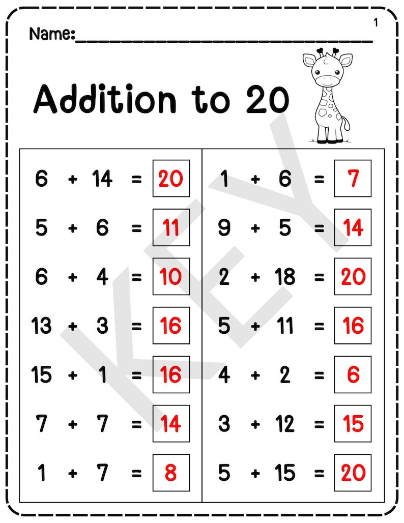 20 Printable Addition to 20 Fill in the Blanks Worksheets (numbers 1–20 ...
