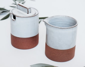 Handgetöpferte Keramik Zuckerdose Milchkännchen Set Geschirr Kaffee Keramiktasse minimalistisch Kaffeegeschirr Nepal beige Kännchen Milch