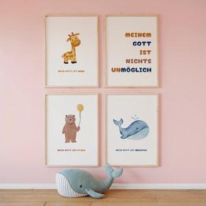 Póster cristiano infantil "Para mi Dios nada es imposible", set de 4, descarga digital, ballena, jirafa, oso, animales, decoración, habitación infantil, afirmación.