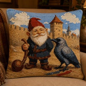 Gnome & Crow Knitting Pattern, Game Master Old Town Wall Pillow Cover Chart, 50x50cm Cushion, PDF Instant Download