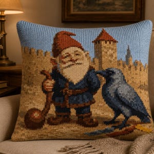 Gnome & Crow Knitting Pattern, Game Master Old Town Wall Pillow Cover Chart, 50x50cm Cushion, PDF Instant Download