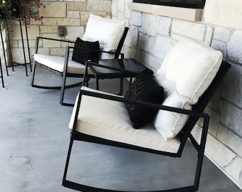 3 Piece Outdoor Rocking Chair Patio Set with Glass Coffee Table