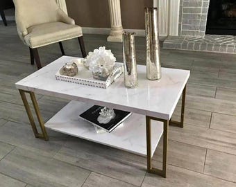 Marble Living Room 2 Tier White Gold Marble Pattern Cocktail Coffee Table