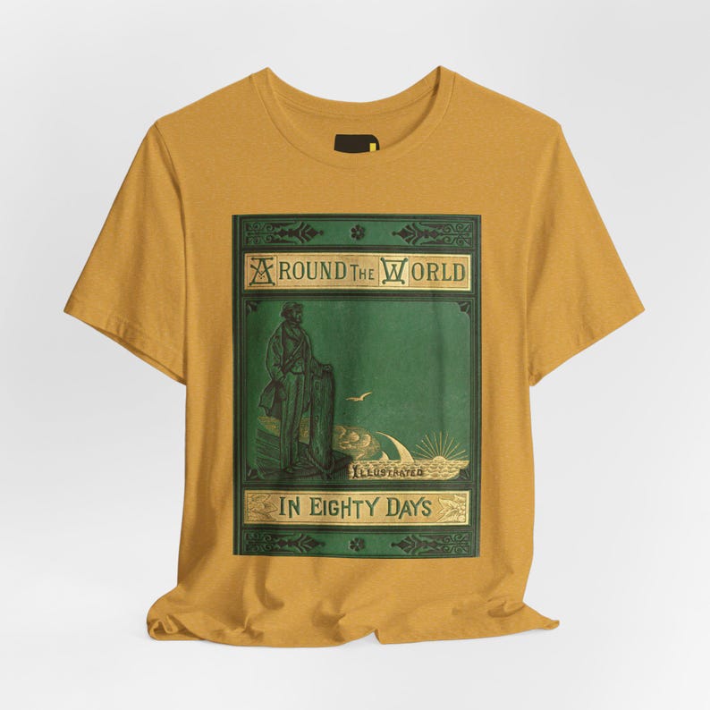 Around the World in Eighty Days Book Cover T-Shirt, Jules Verne Literature Shirt, Classic Reader Gift image 2