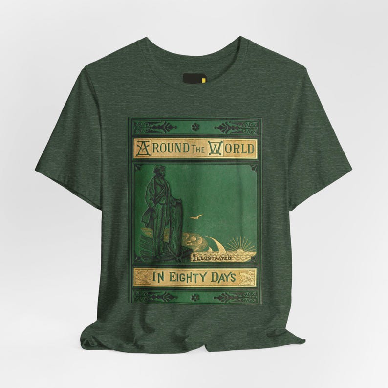 Around the World in Eighty Days Book Cover T-Shirt, Jules Verne Literature Shirt, Classic Reader Gift image 1