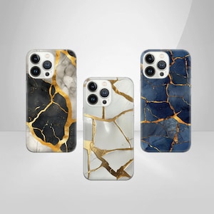 May include: Three iPhone cases with a cracked marble design. The cases are black, white, and blue with gold accents.