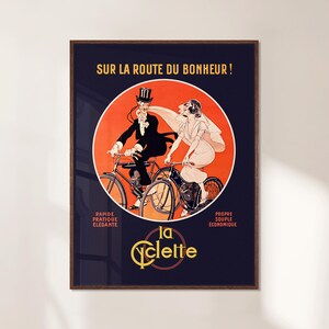 Plakat z rowerem w stylu vintage, retro francuski wydruk artystyczny z kolarstwem, sztuka ścienna z kolarstwem z lat 30. XX wieku, sztuka ścienna z pubem i restauracją, prezent na parapetówkę dla rowerzystów