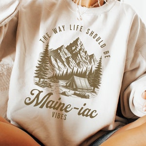 Maine-iac Vibes Crew Sweatshirt, Maine Vintage vibe Sweatshirt, Home State Sweater, Retro Maine Mountain Sweater, Mainer Camping Pullover