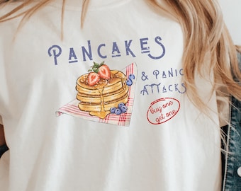 T-shirt pannenkoeken en paniekaanvallen, grappige retro ronde hals, vintage stijl T-shirt, geestelijke gezondheid, angst T-shirt, cadeau voor haar, cadeau voor hem