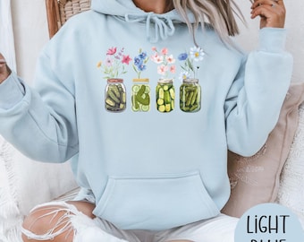 Vintage Canned Pickles-tröja, pickle-skjorta, pickle-tröja med rund hals, pickle-älskare-hoodie, blommig crewneck-tröja, canned-skjorta