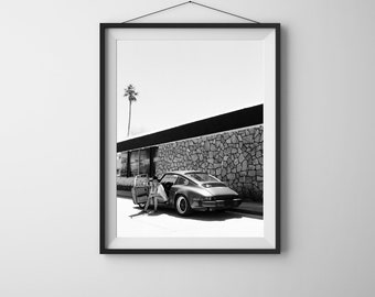 Print Porsche 911 vintage, zwart-wit print instant download, auto's print vintage, jaren 90, sfeer, kunst, fotografie