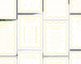 Może przedstawiać: Zestaw drukowanych gier na wieczór panieński z żółtym tekstem na białym tle. Gry obejmują "Bridal Bingo", "Bride or Groom?", "Would She Rather?", "What's in Your Purse?", "Guess the Date", "Never Have I Ever" i "What's Your Favourite?"