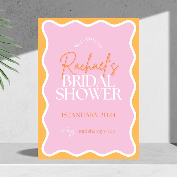 Printable Bridal Shower Welcome Sign | Hens Welcome Sign | Canva Digital Download | Orange & Pink Wavy Border