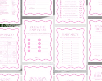 Ultimate Baby Shower Game Pack | Pink Wavy Border | Gender Reveal Games | Canva Digital Download Printable