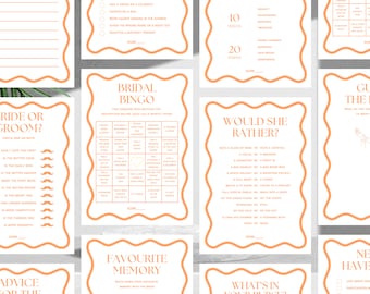 Może przedstawiać: Zbiór pomarańczowych i białych kart do gier na wieczór panieński. Karty zawierają różne gry, takie jak "Bridal Bingo", "Would She Rather?" i "Bride or Groom?" z dekoracyjnymi, falistymi obramowaniami.