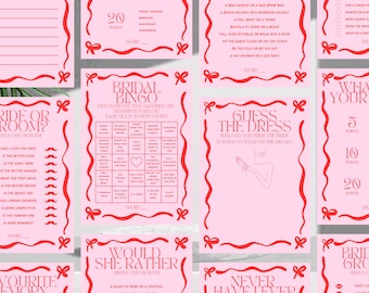 May include: A set of printable bridal shower game cards with pink backgrounds and red borders. The cards feature various games such as "Bride or Groom?", "Bridal Bingo", "Guess the Dress", "What's Your Price?", "Would She Rather", and "Never Have I Ever".