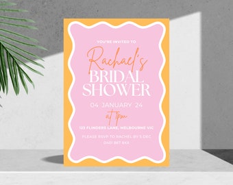 Printable Bridal Shower Invitation | Hens Party Invitation | Canva Digital Download | Orange & Pink Wavy Border