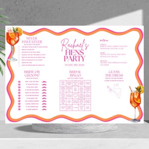 Ultimatives Brautparty-Menü-Spiel-Tischset | Spritz Pink gewellter Rand | Hennen Gesellschaftsspiele | Canva Digital Download druckbare