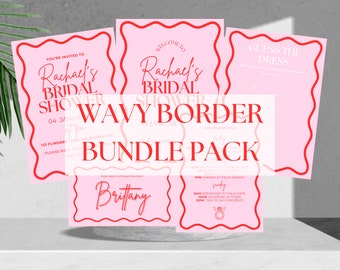 Ultimate Bridal Shower Bundle Pack | Red and Pink Wavy Border | Hens Invites | Welcome Sign | Name Tags | Canva Digital Download Printable