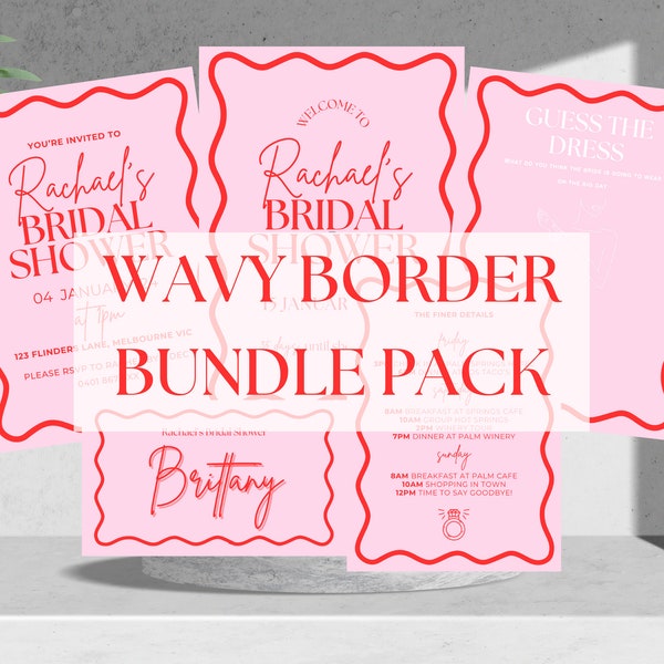 Ultimate Bridal Shower Bundle Pack | Red and Pink Wavy Border | Hens Invites | Welcome Sign | Name Tags | Canva Digital Download Printable