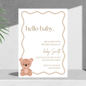 Gewellte Bordüre-Babyparty-Einladung | Beige Hello Baby | Geschlechtsneutral | Canva Digital Download druckbare