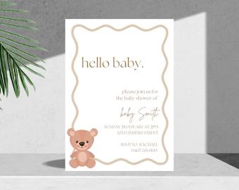 Wavy Border Baby Shower Invitation | Beige Hello Baby | Gender Neutral | Canva Digital Download Printable