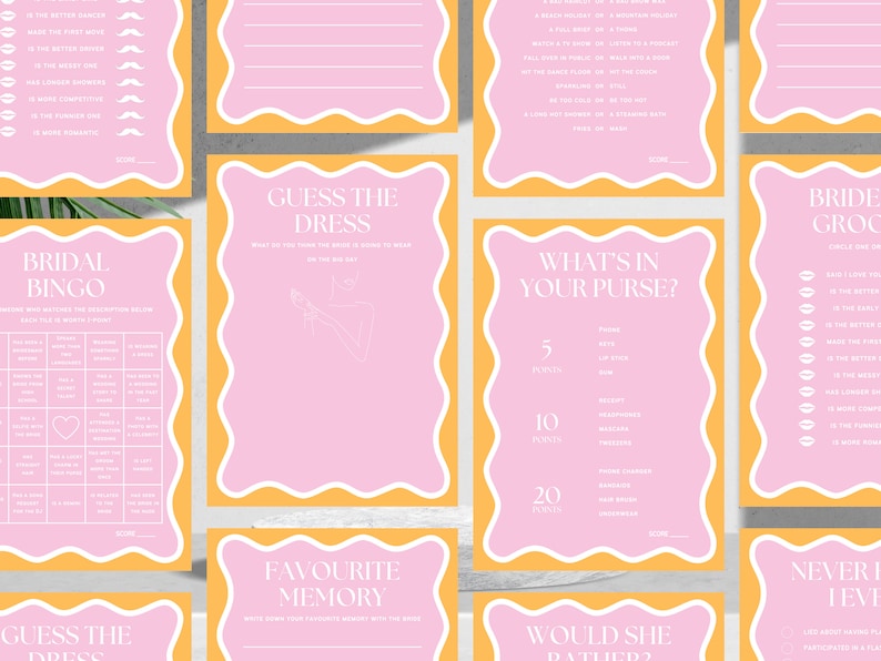 Ultimate Bridal Shower Game Pack Orange & Pink Wavy Border Hens Party Games Canva Digital Download Printable image 1