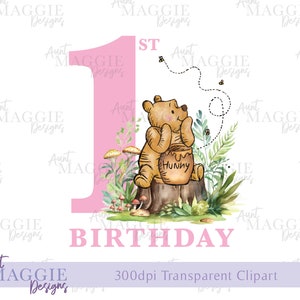 Clipart classique de Winnie l'ourson 1er anniversaire PNG sublimation UV-DTF image transparente cartes d'invitation à une fête bannière bavoirs gilets Design de t-shirt