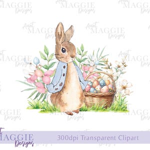 Peter Rabbit Clipart Sublimazione Design, Flopsy Bunny, Cestino di Pasqua, Arte Digitale del Giardino, PNG Istantaneo, Maglietta, Immagine PNG UVDTF della Cartolina di Pasqua