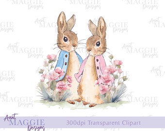 Flopsy Bunny, Peter Rabbit, Sublimation Clipart Design, Watercolor Flowers, Digital Art Instant PNG T-Shirt, Mothers Day New Mummy Card PNG