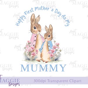 Peter Rabbit Dia das Mães Clipart Coelho, Design de Clipart de Sublimação, Flores em Aquarela, Arte Digital Instantânea PNG Camiseta, Novo Cartão de Múmia PNG