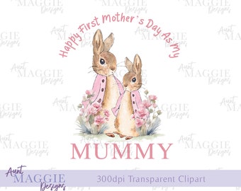 Flopsy Bunny, Peter Rabbit, Sublimation Clipart Design, Watercolor Flowers, Digital Art Instant PNG T-Shirt, Mothers Day New Mummy Card PNG