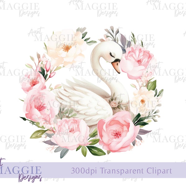 Pink Swan Floral Wreath Clipart PNG Sublimation UV-DTF transparent Image Birthday Roses Flower Cards Banner Bibs Vests T-shirt Sweat Design
