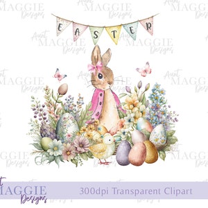 Diseño de sublimación de conejo de Pascua, Peter Rabbit, huevos de Pascua de Flopsy, arte digital instantáneo, PNG instantáneo, camiseta de Pascua, tarjeta de Pascua PNG