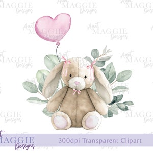 Kaninchen Sublimationsdesign, rosa Herzballon, Eukalyptus, digitale Kunst, Sofort PNG, T-Shirt, Geburtstag, Taufe, Osterkarte PNG