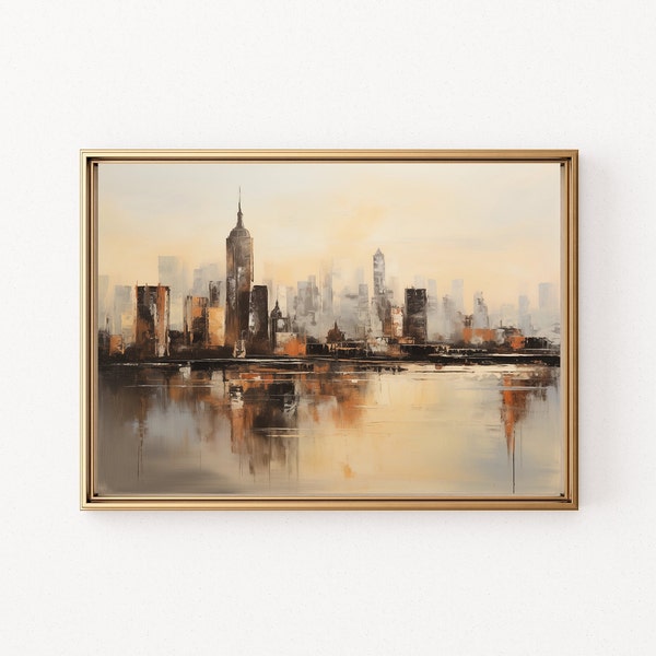 New York Skyline - Vintage Oil Painting - Digital Print Field Sunrise